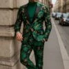 Men’s Green And Gold Floral Tuxedo Suit – Luxury 2 Piece Slim Fit Outfit For Weddings, Proms, And Special Events