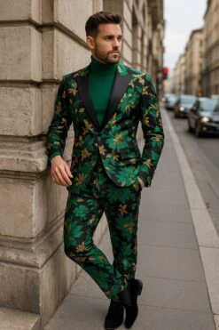 Men’s Green And Gold Floral Tuxedo Suit – Luxury 2 Piece Slim Fit Outfit For Weddings, Proms, And Special Events