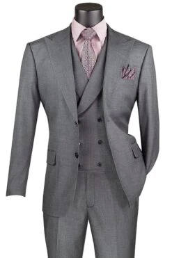 Sharkskin Charcoal Grey Men's Summer Suit With Double Breasted Vest