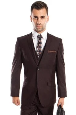 Brown Slim Fit Men's Wedding Suit - Two Button Basic Vested