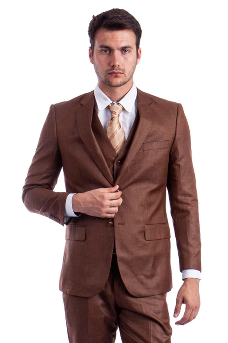 "Cognac Sharkskin Men's Wedding & Business Suit - Two Button Hybrid Fit Vested" 1 "Cognac Sharkskin Men's Wedding & Business Suit - Two Button Hybrid Fit Vested"