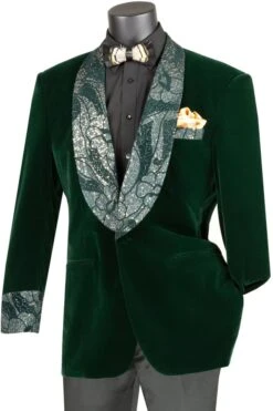 Dark Green Tuxedo - Mens Velvet Prom Smoking Jacket With Fancy Paisley Emerald Hunter Green Tuxedo