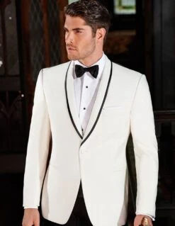 Mens Designer Charles Shawl Dinner Jacket In Ivory With BlackSatinTrim
