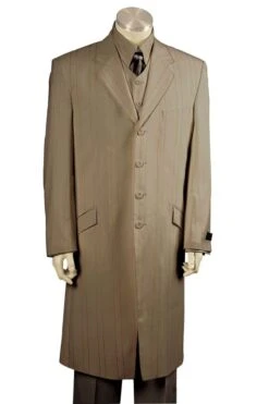 Mens Vested Long Maxi Length Fashion Zoot Suit In Taupe Pinstripe