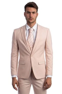 "Blush Pink Men's Wedding & Prom 2025 Suit - One Button Peak Lapel Skinny With Lowcut Vest"