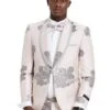 Mens Gray Tuxedo - Grey Wedding Suit-Mens One Button Vested Shawl Tuxedo In Pink & Silver Paisely With Lace Trim