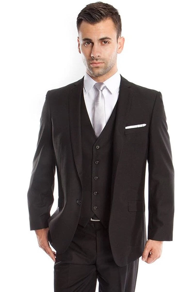 "Black Slim Fit Men's Wedding Suit - Two Button Basic Vested" 1 "Black Slim Fit Men's Wedding Suit - Two Button Basic Vested"