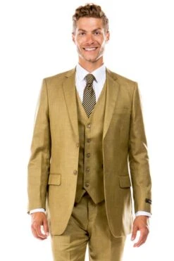 "Sharkskin Men's Hybrid Fit Wedding & Business Suit - Two Button Vested In Oatmeal Tan"