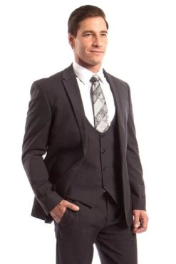 "Dark Grey Men's Skinny Wedding Suit - One Button Peak Lapel With Lowcut Vest"