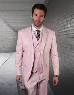 Mens 2 Button Slim Fit Suit With Double Breasted Vest In Pink Pink Prom Tuxedos