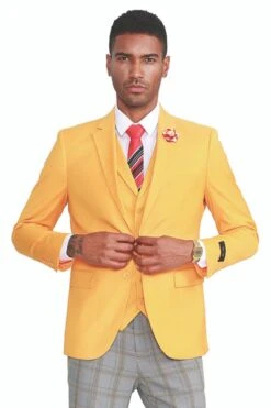 "Canary Yellow Men's Summer Suit With Two Button Vest & Plaid Pants"