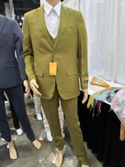 Mens Light Olive Green Linen Suit Three-Piece Style– Formal Suit With Vest And Flat Front Pants -Alberto Nardoni Shop Light Olive Green Linen Suits