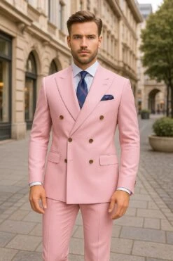 Mens Light Pink Double-Breasted Suit With Gold Buttons – 2-Piece Slim Fit Set 7 Mens Light Pink Double-Breasted Suit With Gold Buttons – 2-Piece Slim Fit Set -Alberto Nardoni Shop Light Pink Double Breasted Suit