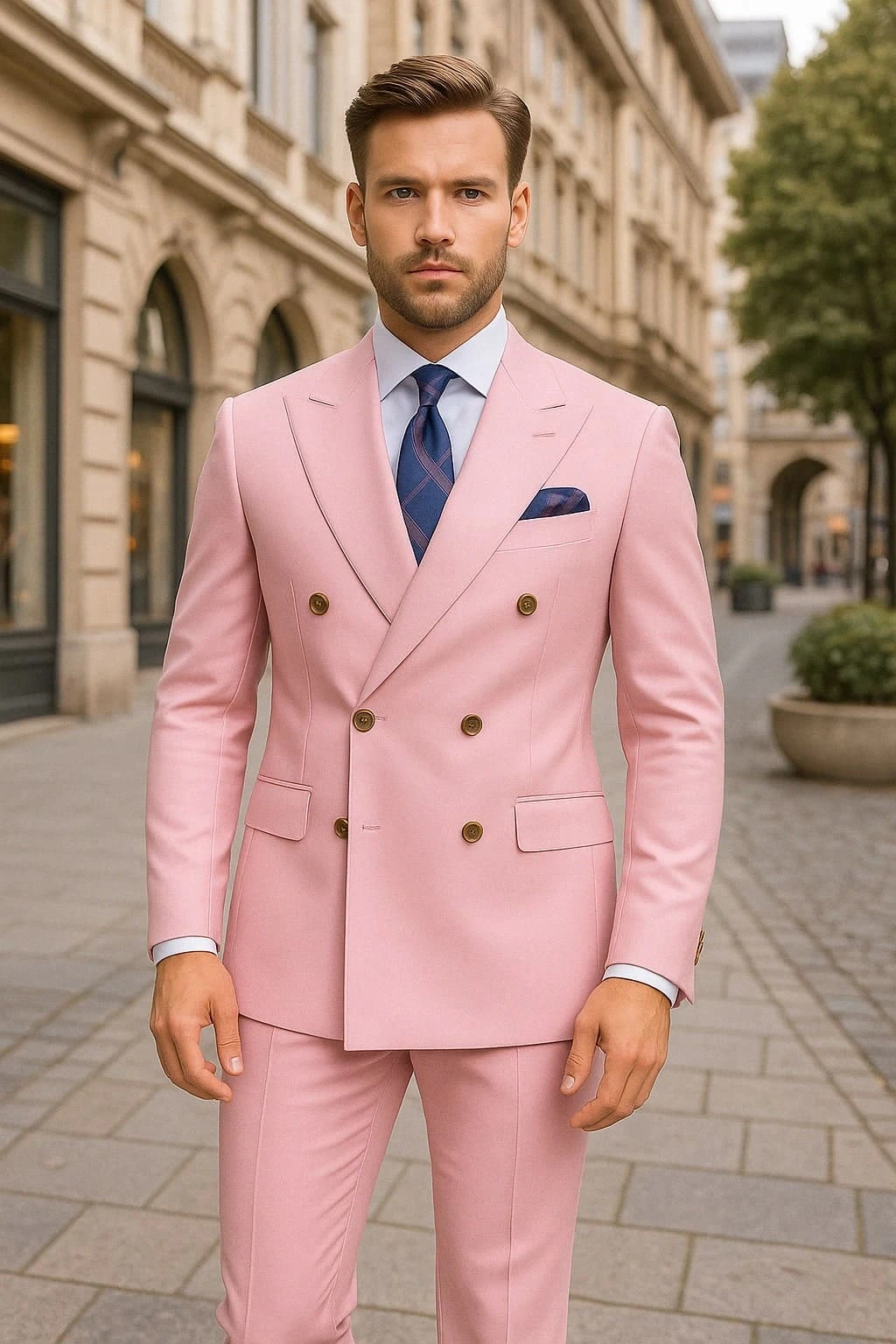 Mens Light Pink Double-Breasted Suit With Gold Buttons – 2-Piece Slim Fit Set 4 Mens Light Pink Double-Breasted Suit With Gold Buttons – 2-Piece Slim Fit Set - Image 4