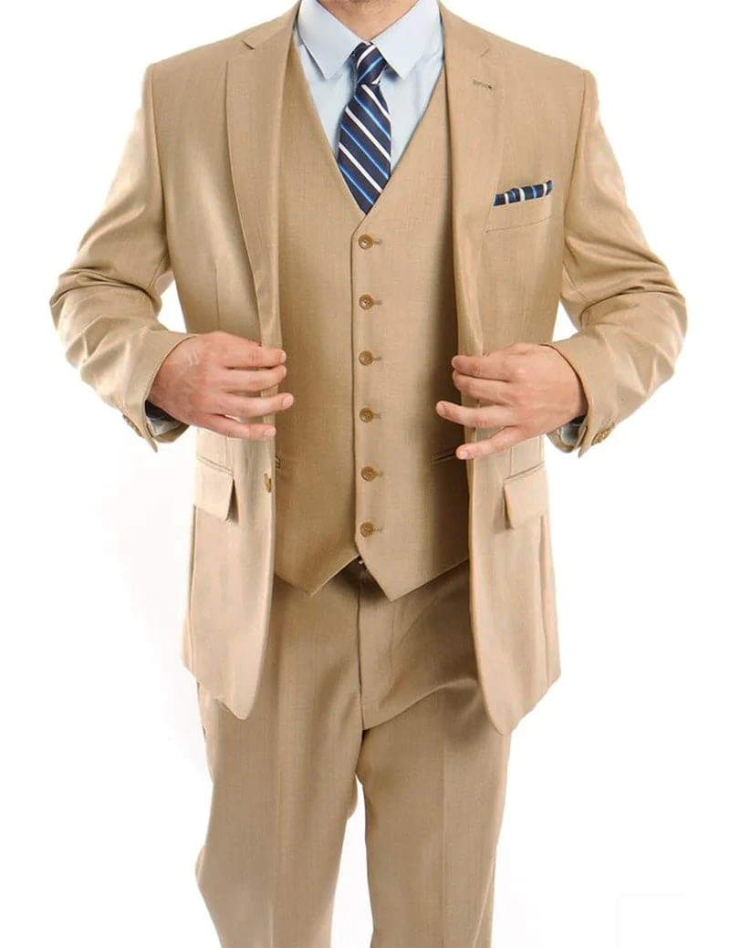 Light Beige 3 Piece Modern Fit Suit 2 Button V-Neck Vest 1 Light Beige 3 Piece Modern Fit Suit 2 Button V-Neck Vest