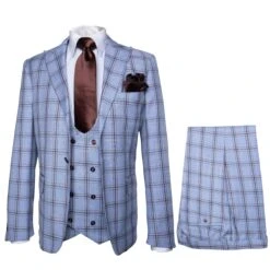Rossi Man MAX RM1822 Slim Fit 3-Piece Suit – Premium Light Blue & Brown Plaid Formal Suit For Men