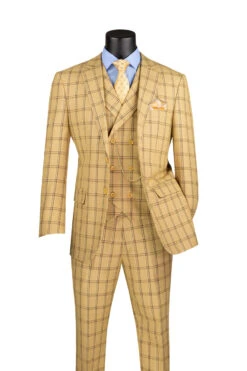 Lazio Collection - Modern Fit Windowpane Suit 3 Piece In Tan