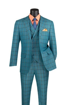 Lazio Collection - Modern Fit Windowpane Suit 3 Piece In Teal Blue