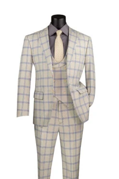 Modern Fit Windowpane Suit 3 Piece With U-Neck Vest In Light Beige