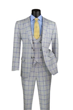 Modern Fit Windowpane Suit 3 Piece With U-Neck Vest In Light Gray