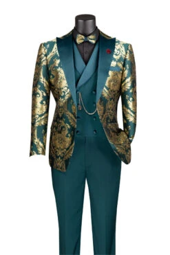 Emerald Gold Modern Fit 3 Piece Suit With Matching Bow Tie