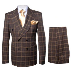 Men's Brown Plaid Double-Breasted Wool Suit – Classic Windowpane Two-Piece Formal Suit By Rossiman -Alberto Nardoni Shop Men s Brown Plaid Double Breasted Wool Suit Classic 04