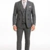 Men’s Gray Checkered 3 Piece Double-Breasted Suit – Slim Fit Formal Outfit - Vested Glend Plaid Pattern Checkered