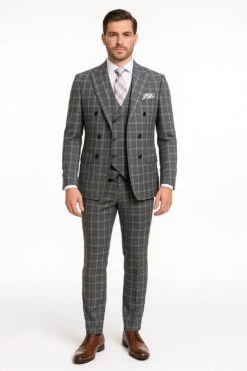 Men’s Gray Checkered 3 Piece Double-Breasted Suit – Slim Fit Formal Outfit - Vested Glend Plaid Pattern Checkered