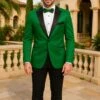 Men's Sateen Emerlad Green Tuxedo Jacket With Black Satin Lapel And Bow Tie – Slim Fit Prom And Party Blazer -Alberto Nardoni Shop Men s Sateen Emerlad Green Tuxedo Jacket 01