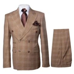 Men's Tan Plaid Double-Breasted Suit – Classic Windowpane Two-Piece Formal Suit - Camel Color Suit By Rossiman -Alberto Nardoni Shop Men s Tan Plaid Double Breasted Suit Classic 04