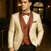 Men's White And Rose Gold Tuxedo With Mauve Satin Vest And Bow Tie – Elegant Formalwear For Weddings And Events -Alberto Nardoni Shop Men s White and Rose Gold Tuxedo 01
