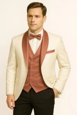 Men's White And Rose Gold Tuxedo With Mauve Satin Vest And Bow Tie – Elegant Formalwear For Weddings And Events -Alberto Nardoni Shop Men s White and Rose Gold Tuxedo 02