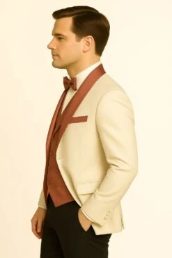 Men's White And Rose Gold Tuxedo With Mauve Satin Vest And Bow Tie – Elegant Formalwear For Weddings And Events -Alberto Nardoni Shop Men s White and Rose Gold Tuxedo 04