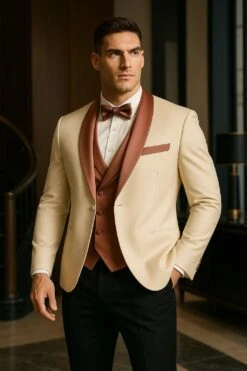 Men's White And Rose Gold Tuxedo With Mauve Satin Vest And Bow Tie – Elegant Formalwear For Weddings And Events -Alberto Nardoni Shop Men s White and Rose Gold Tuxedo 05