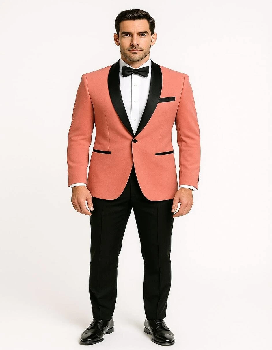 Men’s Coral Pink Tuxedo Jacket With Black Satin Shawl Lapel Velvet Fabric – Modern Slim Fit Formal Blazer 5 Men’s Coral Pink Tuxedo Jacket With Black Satin Shawl Lapel Velvet Fabric – Modern Slim Fit Formal Blazer - Image 5