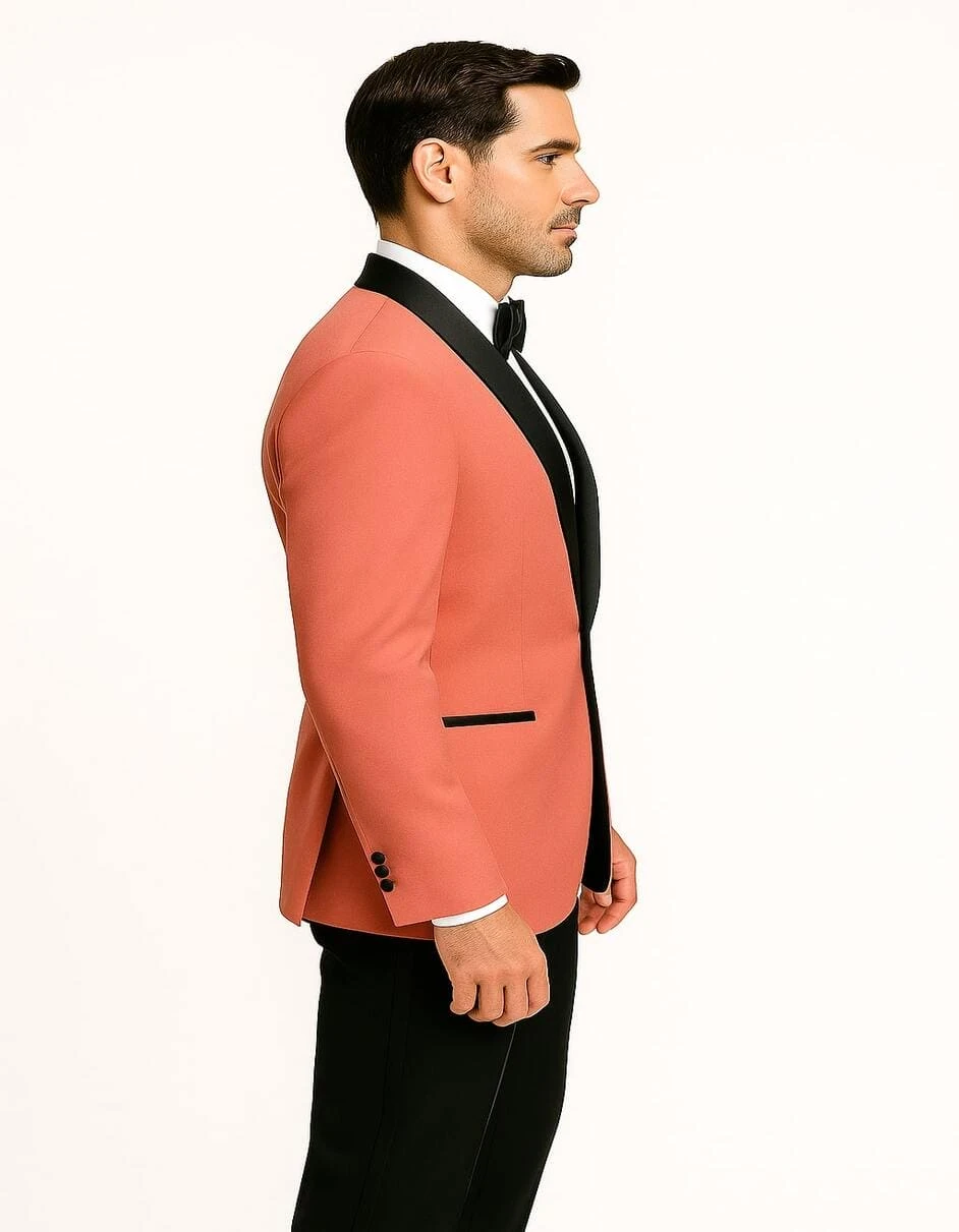 Men’s Coral Pink Tuxedo Jacket With Black Satin Shawl Lapel Velvet Fabric – Modern Slim Fit Formal Blazer 4 Men’s Coral Pink Tuxedo Jacket With Black Satin Shawl Lapel Velvet Fabric – Modern Slim Fit Formal Blazer - Image 4