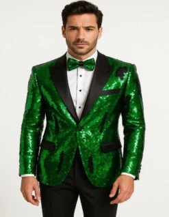 Men's Green Sequin Tuxedo Jacket With Black Satin Lapel And Bow Tie – Sparkling Party And Stage Blazer By Alberto Nardoni -Alberto Nardoni Shop Men sGreenSequinTuxedoJacket