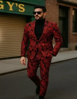 Men’s Red And Black Floral Tuxedo Suit – Slim Fit 2 Piece Embroidered Outfit For Weddings, Prom, And Formal Events