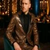 Men's Rose Gold Sequin Tuxedo Suit With Black Satin Lapel – Luxury Slim Fit Blazer For Parties And Events -Alberto Nardoni Shop Men sRoseGoldSequinTuxedoSuitwithBlackSatinLapel