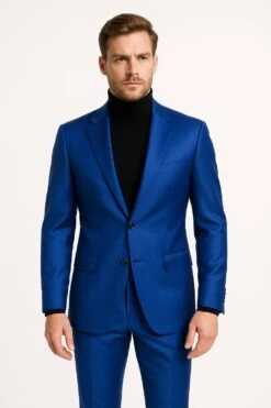 Men's Royal Blue Shiny Satin Suit – 2-Piece Slim Fit Tuxedo With Peak Lapel -Alberto Nardoni Shop Men sRoyalBlueShinySatinSuit