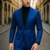 Men's Royal Blue Shiny Satin Suit – 2-Piece Slim Fit Tuxedo With Peak Lapel -Alberto Nardoni Shop Men sRoyalBlueShinySatinSuit 2 PieceSlimFit