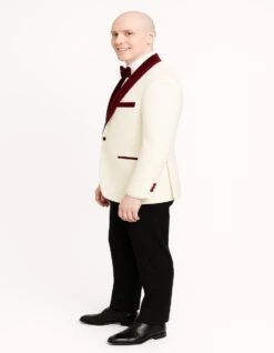Men’s White Floral Tuxedo Jacket With Burgundy Velvet Shawl Lapel – Wedding, Prom, And Formal Event Suit -Alberto Nardoni Shop Men sWhiteFloralTux