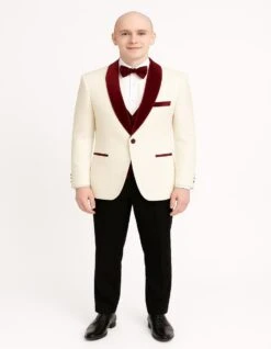 Men’s White Floral Tuxedo Jacket With Burgundy Velvet Shawl Lapel – Wedding, Prom, And Formal Event Suit -Alberto Nardoni Shop Men sWhiteWedding Prom andFormalEventSuit
