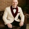 Men’s White Floral Tuxedo Jacket With Burgundy Velvet Shawl Lapel – Wedding, Prom, And Formal Event Suit