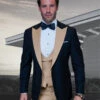 Mens Wool Vested Wide Contrast Peak Wedding Gold Tuxedo