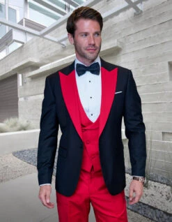 Mens Wool Vested Wide Contrast Peak Black And Red Wedding Tuxedo