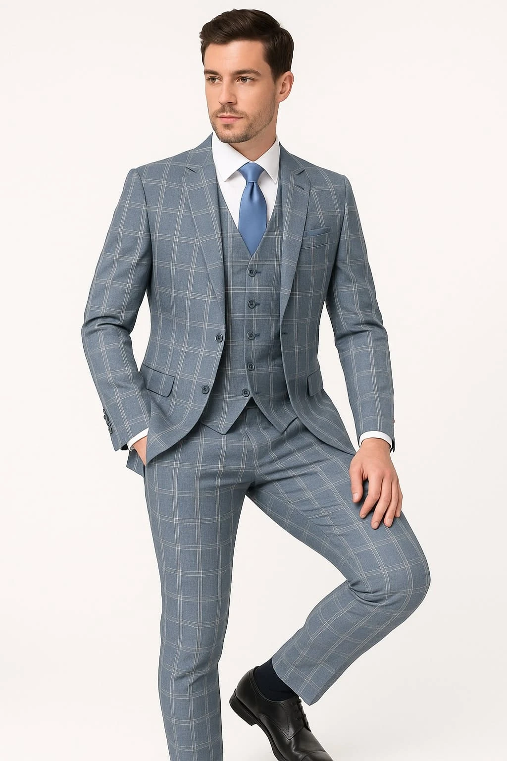 Mens Blue Windowpane Checkered Slim Fit Suit – 3 Piece Stretch Business Suit 1 Mens Blue Windowpane Checkered Slim Fit Suit – 3 Piece Stretch Business Suit