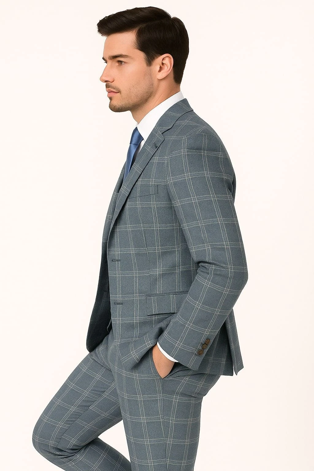 Mens Blue Windowpane Checkered Slim Fit Suit – 3 Piece Stretch Business Suit 3 Mens Blue Windowpane Checkered Slim Fit Suit – 3 Piece Stretch Business Suit - Image 3