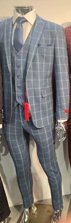 Mens Blue Windowpane Checkered Slim Fit Suit – 3 Piece Stretch Business Suit 7 Mens Blue Windowpane Checkered Slim Fit Suit – 3 Piece Stretch Business Suit -Alberto Nardoni Shop Mens Blue Windowpane Slim Fit Suits