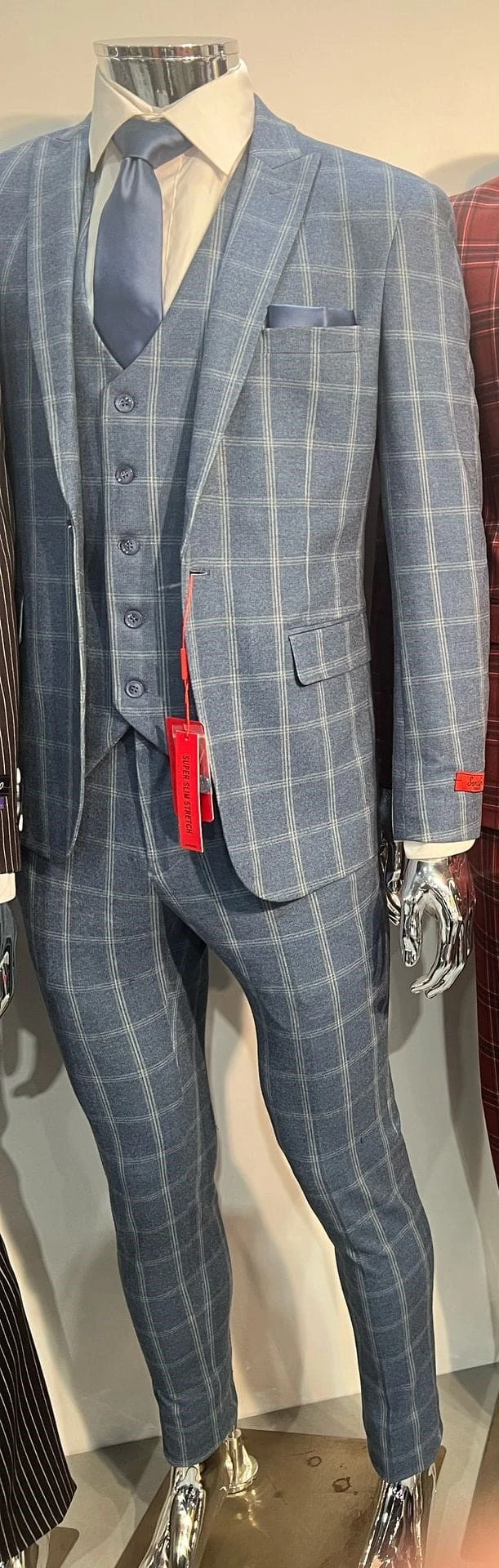 Mens Blue Windowpane Checkered Slim Fit Suit – 3 Piece Stretch Business Suit 4 Mens Blue Windowpane Checkered Slim Fit Suit – 3 Piece Stretch Business Suit - Image 4